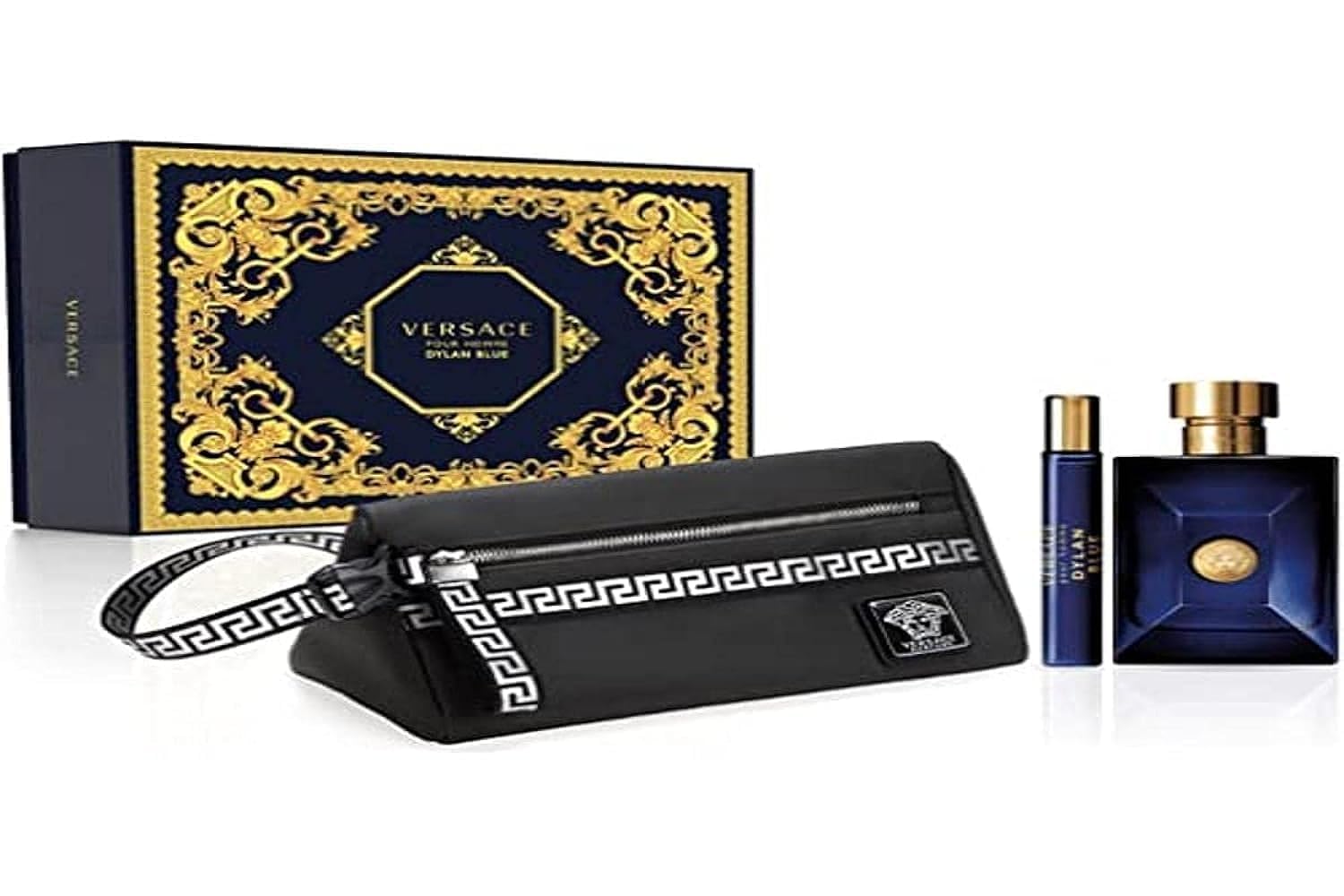 Versace Dylan Blue Pour Homme For Men 3 Piece Hard Box Set (3.4 Ounce Eau de Toilette Spray + 10 Milliliter Travel Spray + Pouch)